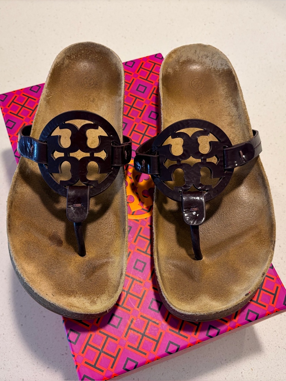Tory Burch Dark Brown Logo Thong Sandals